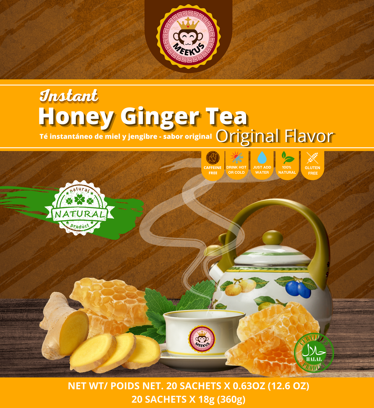 MEEKUS Instant Honey Ginger Tea Original Flavor, 12 oz (360 g)