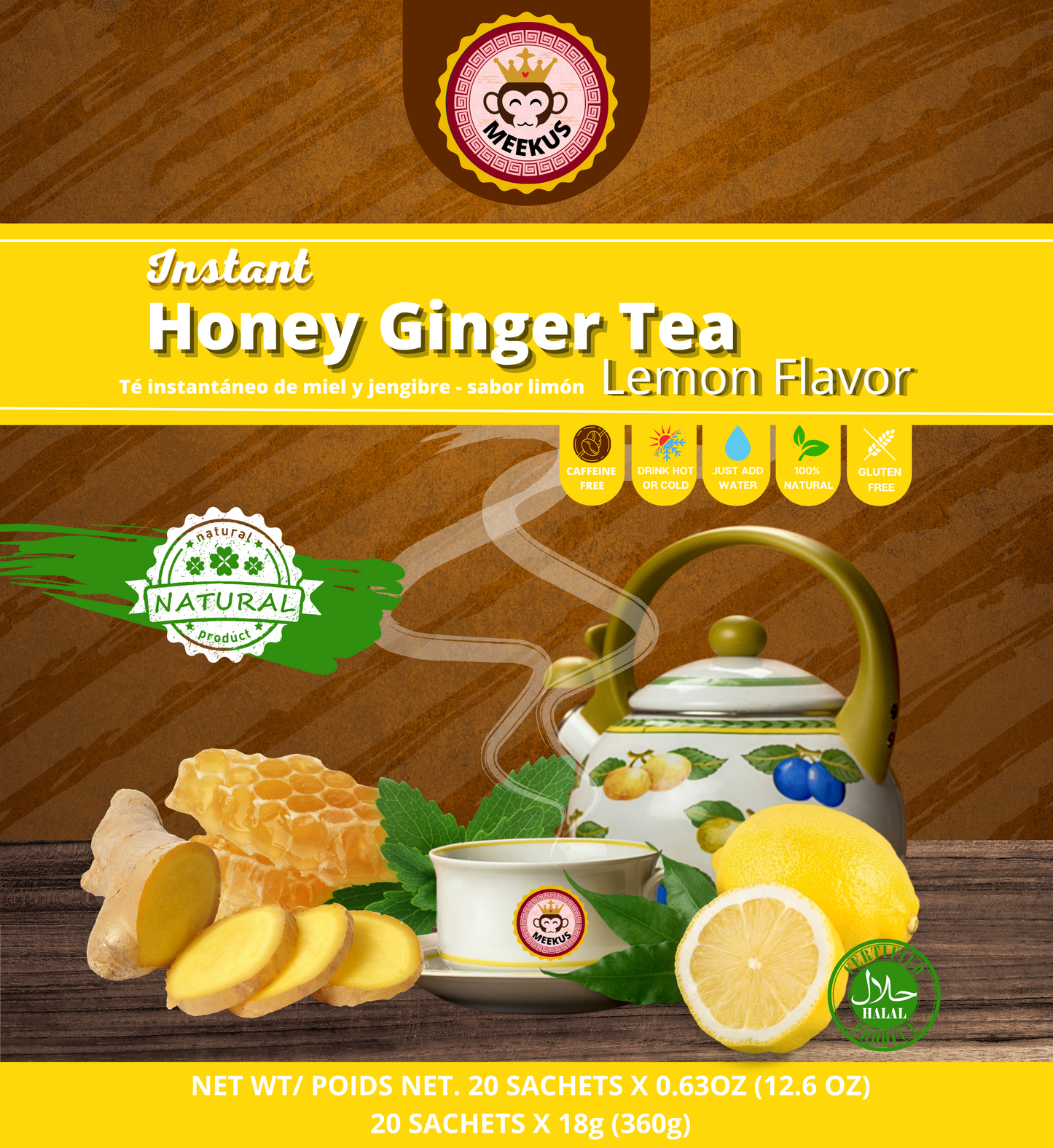 MEEKUS Instant Honey Ginger Tea with Lemon Flavor, 12 oz (360 g)