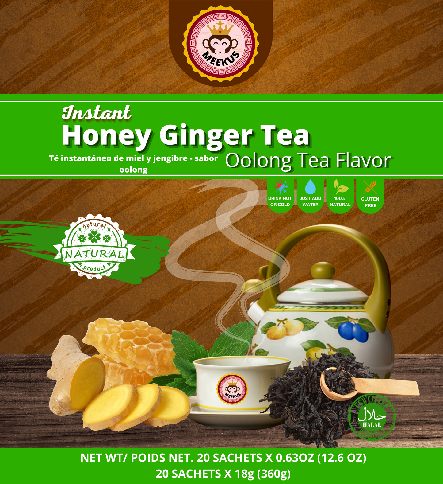 MEEKUS Instant Honey Ginger Tea with Oolong Flavor, 12 oz (360 g)